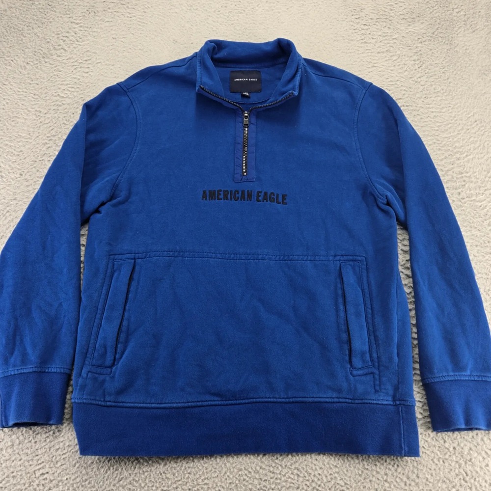 American Eagle Jacket Mens Large Blue Spellout Pockets 1/4 Zip‎ Long Sleeve